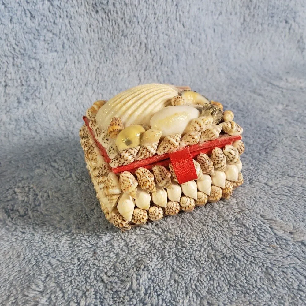 Vintage Handmade Shell Art Trinket Box Square Seashell Coastal Beach Nautical